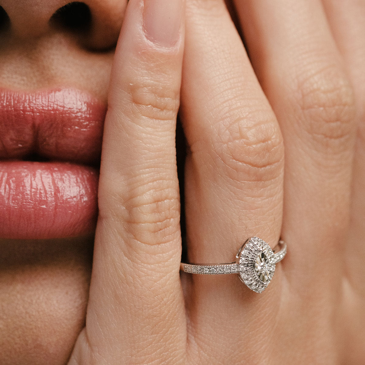 Masami Marquise Lab Diamond Engagement Ring Halo Pave Set in 925 Sterling Silver